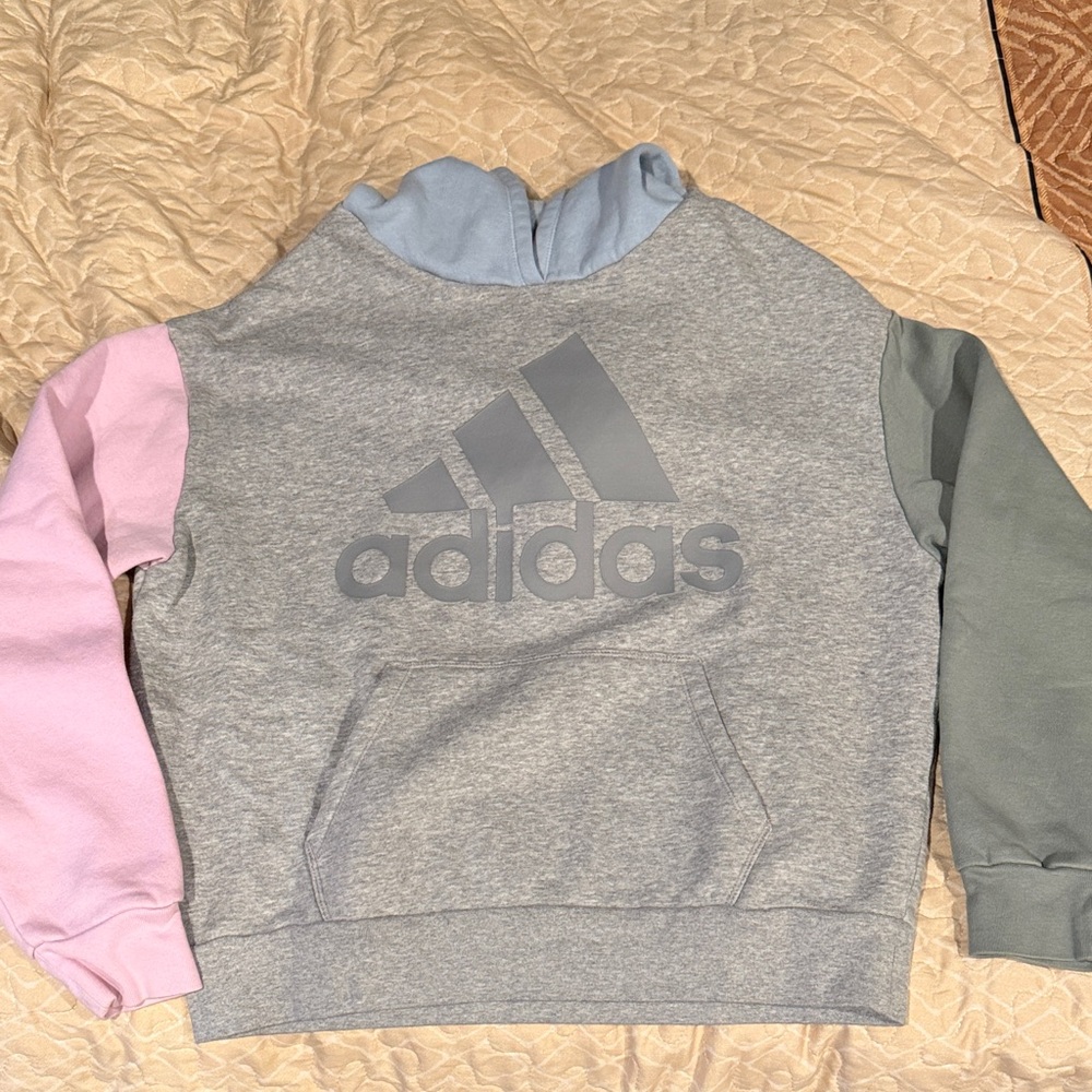 Adidas Kids' Gray Hoodie with Pink and Green Sleeves